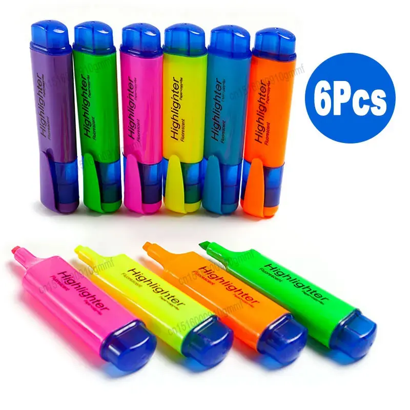 DELVTCH 6Pcs Set Candy Color Highlighter Marker 4mm Oblique Tip Fluorescent Pen For Office School Wrting Art Drawing Stationery