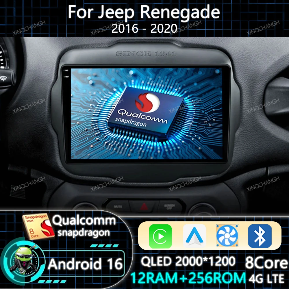 Android 16 Car Radio Carplay Auto For Jeep Renegade 2016 - 2020 Qualcomm 2DIN 4G LTE 5G WIFI Multimedia Video Player BT GPS QLED