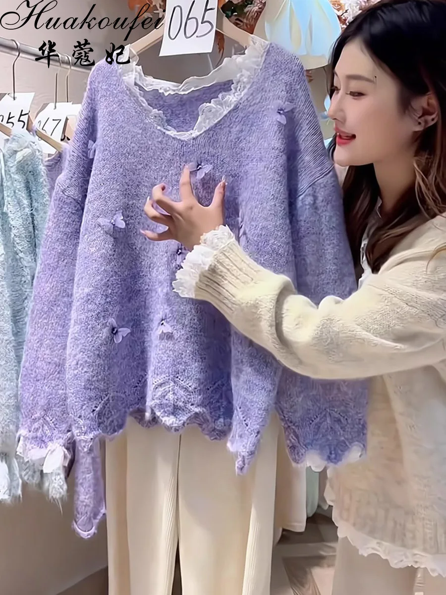 

Женский фиолетовый кружевной трикотаж с v-образным вырезом больших размеров, свободный крой для похудения, закрывающий мясо, ранняя осень, модная повседневная одежда для ленивых