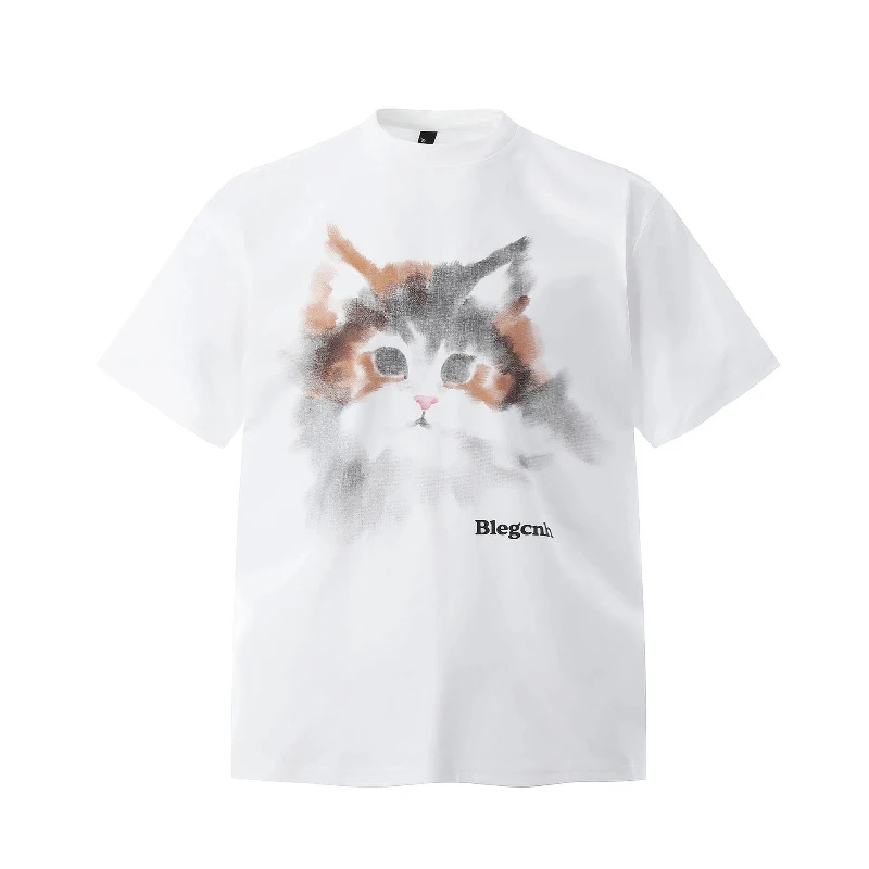 

Американские винтажные мужские футболки Y2k, уличная одежда, футболки с ручной росписью и принтом кота, летние повседневные футболки с круглым вырезом и короткими рукавами