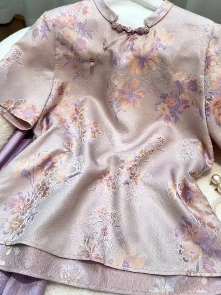 Nuovo cinese Sle Viola Ricamo floreale ort Sve Donna irt Estate 2025 Ele Unico Piccolo ence irt