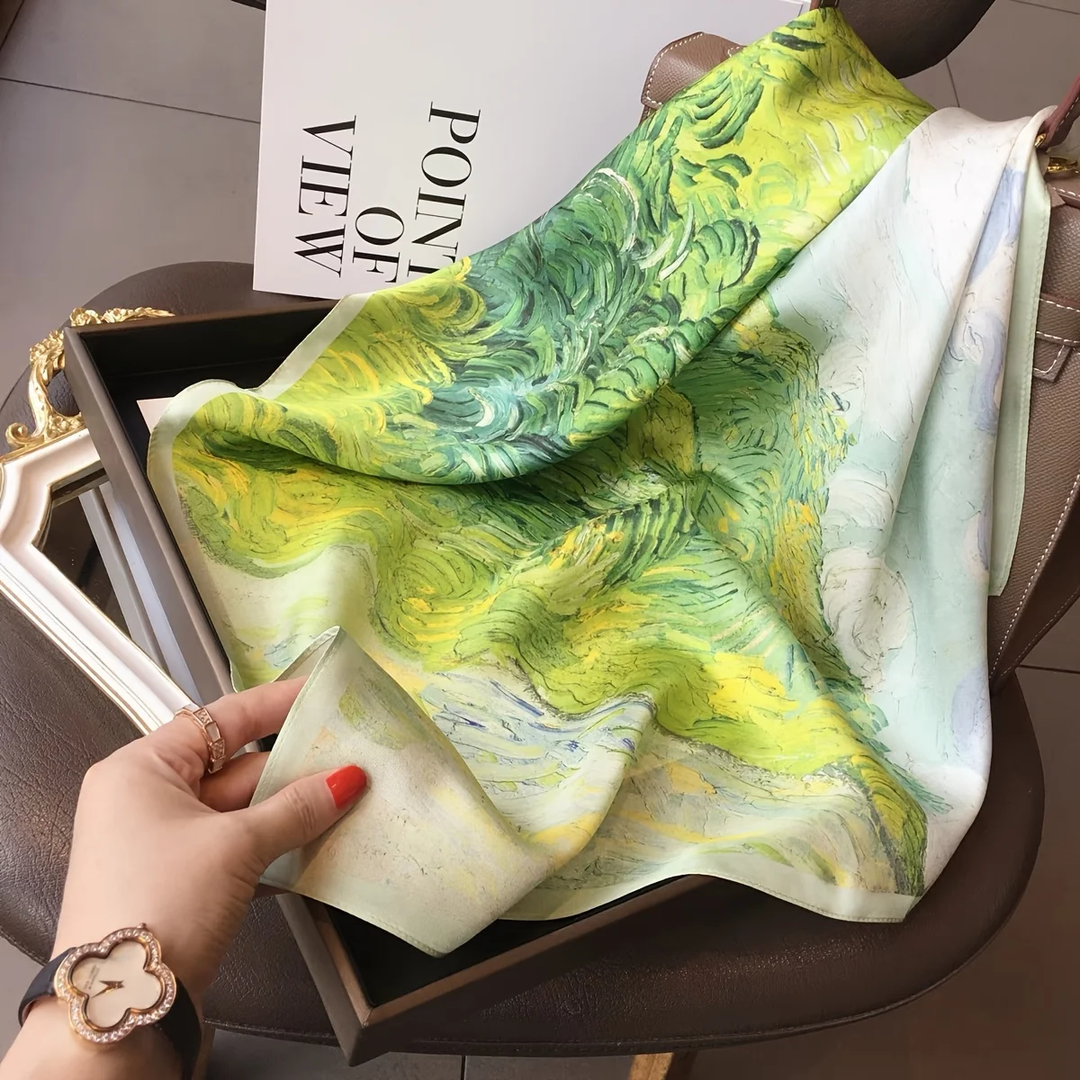 Green Oil Painting Decorative Thin Scarf Four Seasons Soft Satin Small Square Scarf All-Match Bandana Scarf for Women