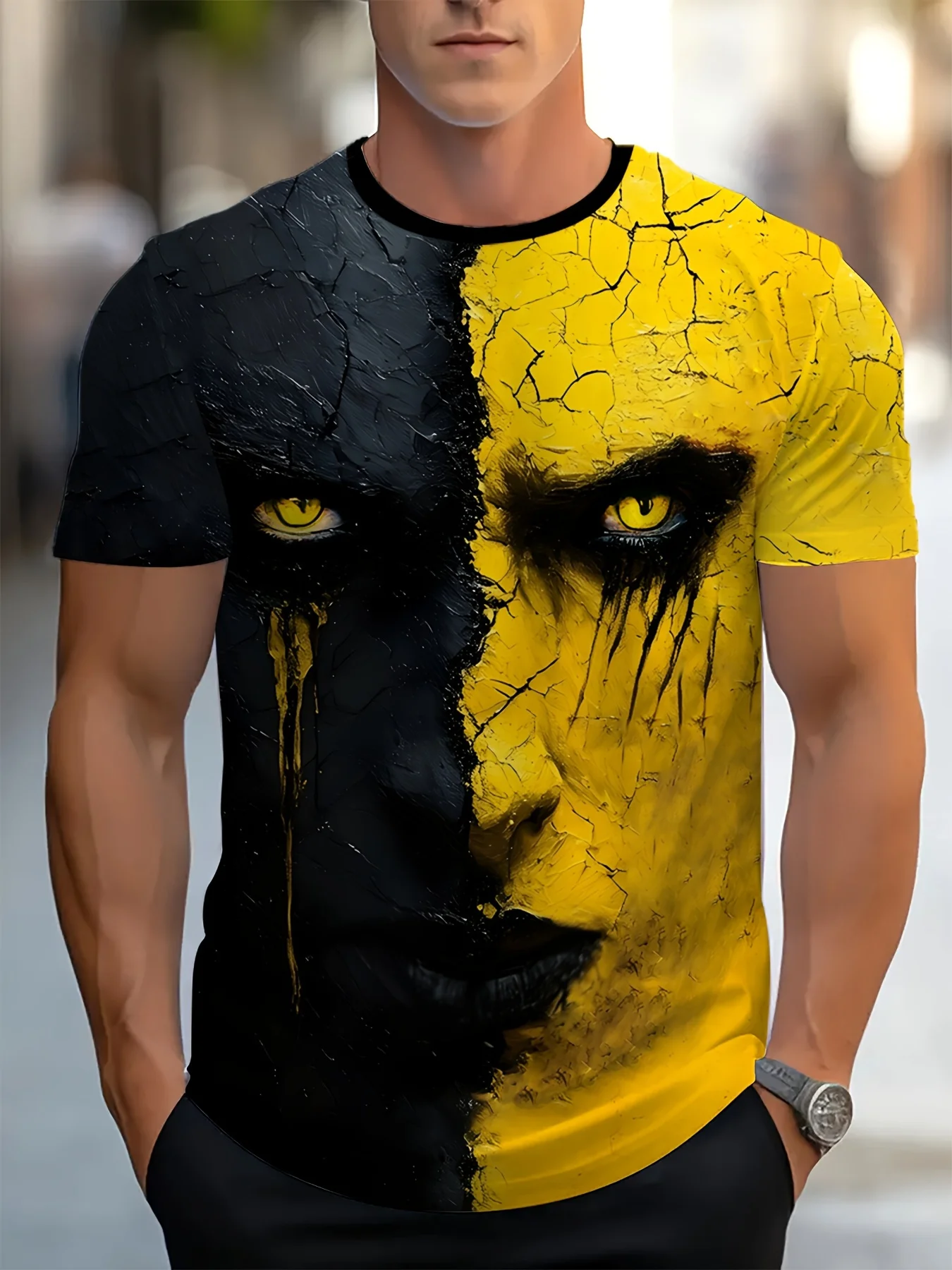 Men's Yellow Black Cracked Face T-Shirt 3D Art Print Crew Neck Short Sleeve Gothic Streetwear Top
