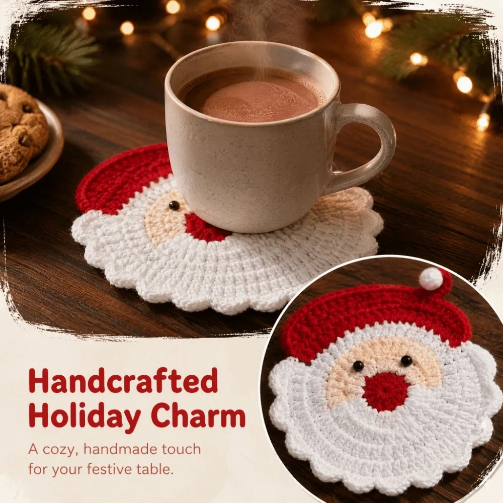 Festive Handmade Santa Claus Coasters Heat Resistant Durable Fabric Drink Trays Creative Cute Knitted Cup Coasters Christmas