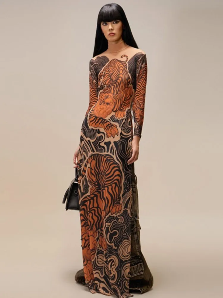 Robe longue Sexy pour femmes, coupe cintrée, Cover-Up en maille transparente, manches longues, imprimé Floral, robe Maxi de plage, fendue sur le côté, Cover-Up pour Bikini