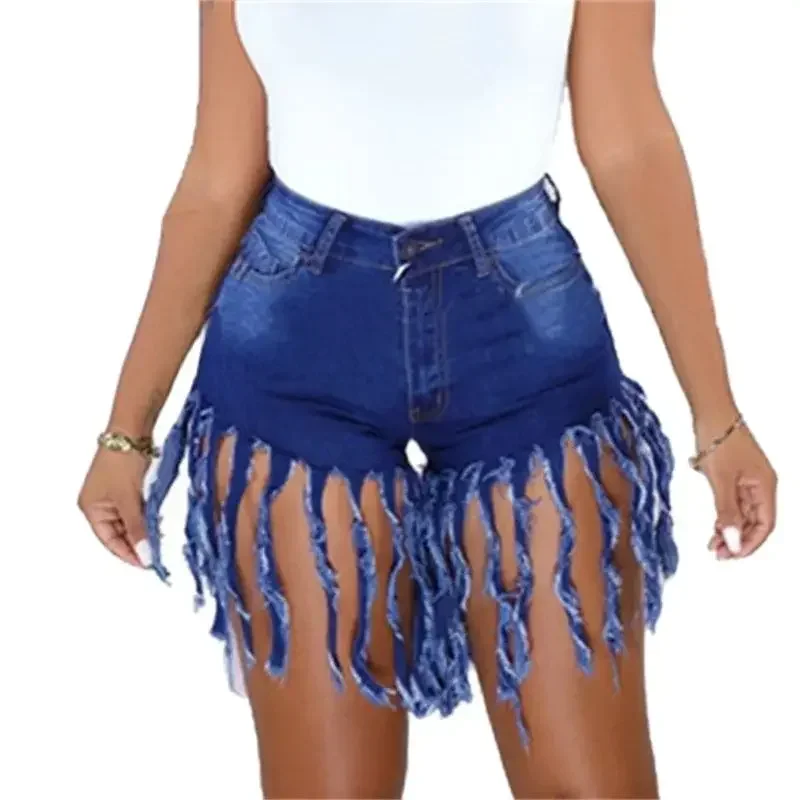 Fashion Tassel Splice Denim Shorts Women High Waist Three Quarter Pants Female Commuter Trend Streetwear New Stretch Mini Jeans