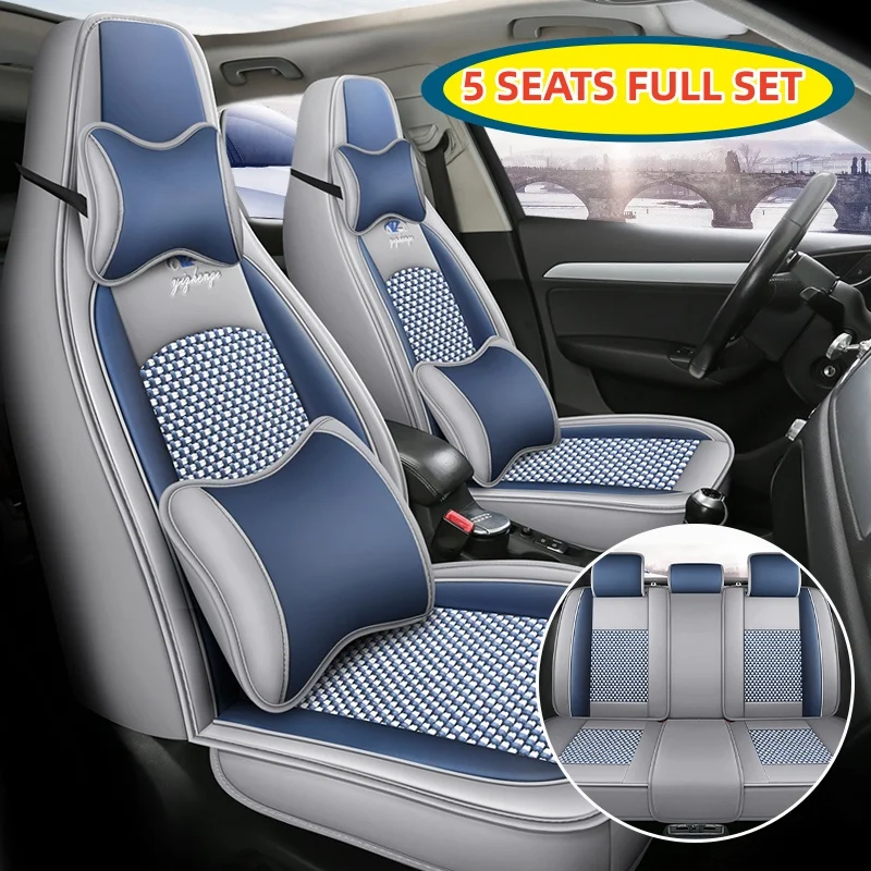 (Luxury Edition) the Car Has Five Seats, Equipped with 2 Comfortable Headrests and 2 Soft Lumbar Supports, Luxury Ice Silk Full-Cover Car Seat Covers Are Universal, Breathable and Not Stuffy, Comfortable for All Seasons, Easy to Clean and Maintain, Multi-Layer Composite Material, Exquisite Workmanship, Simple and Convenient Installation, Does Not Affect the Normal Use of Seat Belt Buckles, Available in 4 Colors, Suitable for Various Models Such as Sedans, Suvs, Trucks, Etc