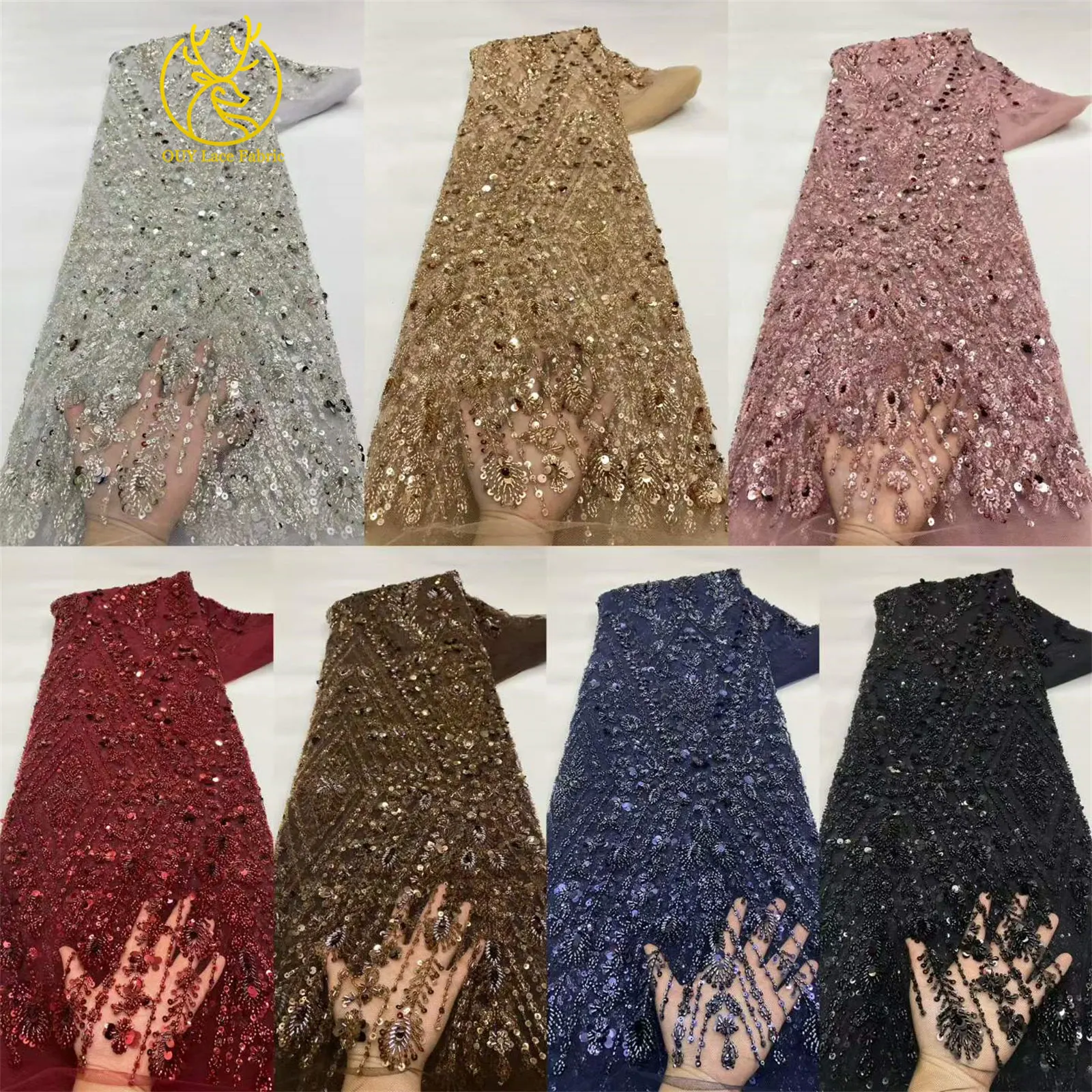 Luxuriöser afrikanischer Brautstoff mit Perlenstickerei 2026, nigerianischer bestickter Pailletten-Spitzenstoff, französische Tüllspitze für Brautkleider und Hochzeitsnäharbeiten – Detail 3