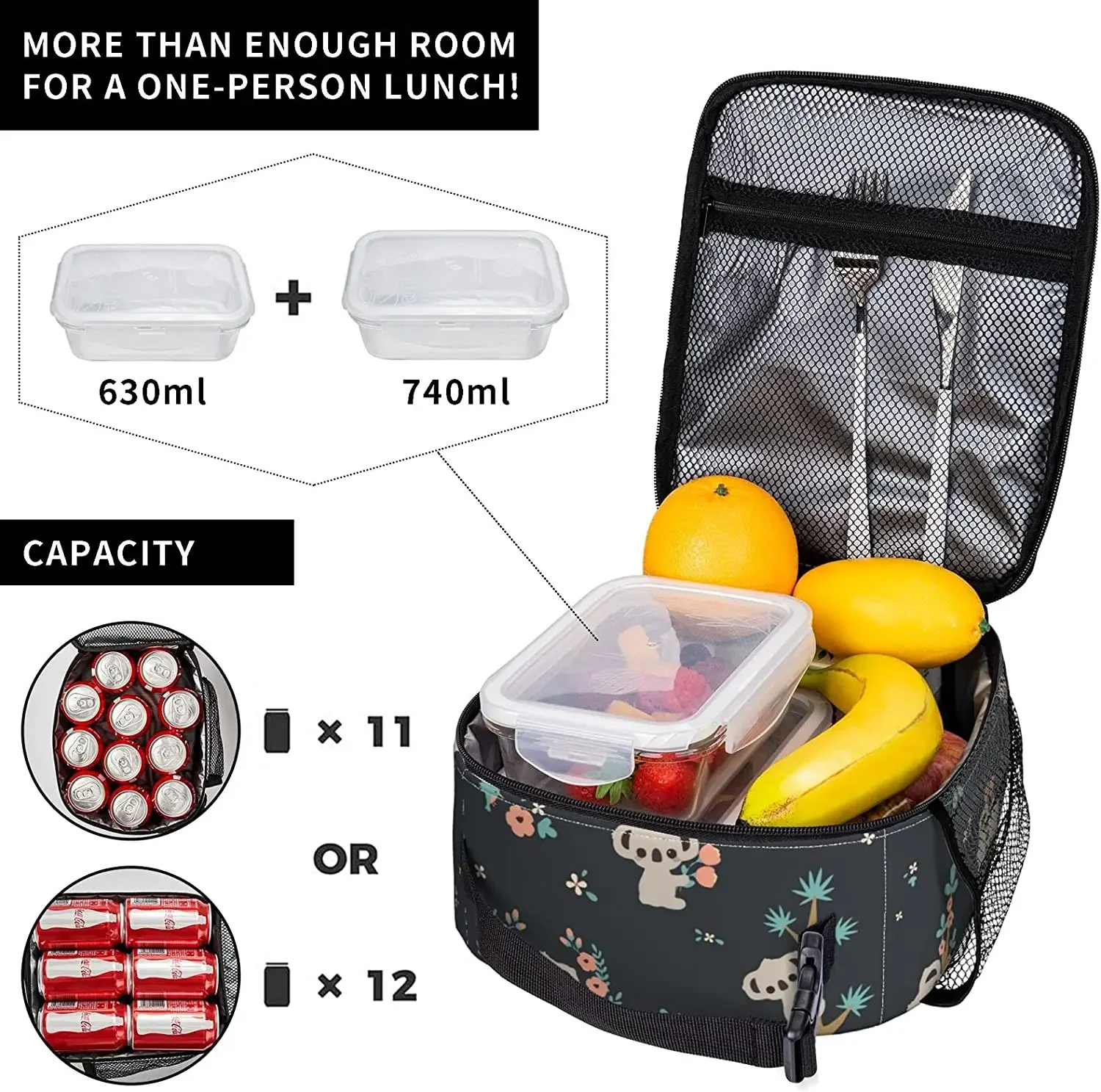 Lunch Box Insulated Lunch Bag for Women Men Cute Floral Koala Reusable Cooler Tote Bags for Work Picnic Outdoor