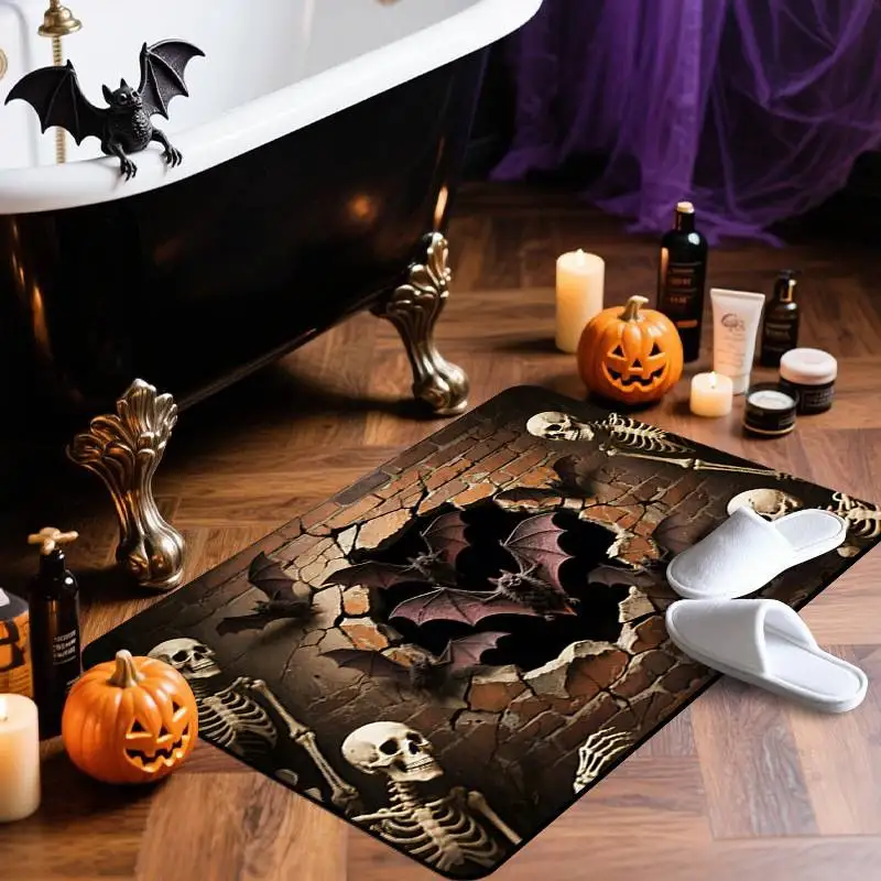 Halloween Door Mat Indoor Outdoor, Soft Dove Velvet Welcome Rug, Spooky Trick or Treat Home Decor Entryway Carpet