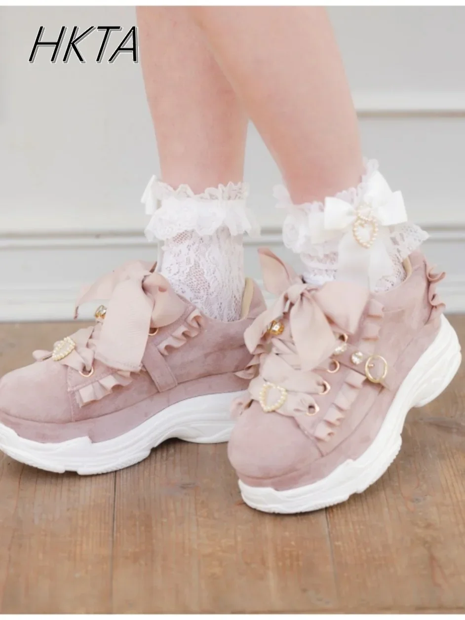 Liz Shoes Women Japanese Sweet Lolita Love Rhinestone Bow Platform Sneakers Girls Fashion Versatile Casual Shoes Female Sneakers