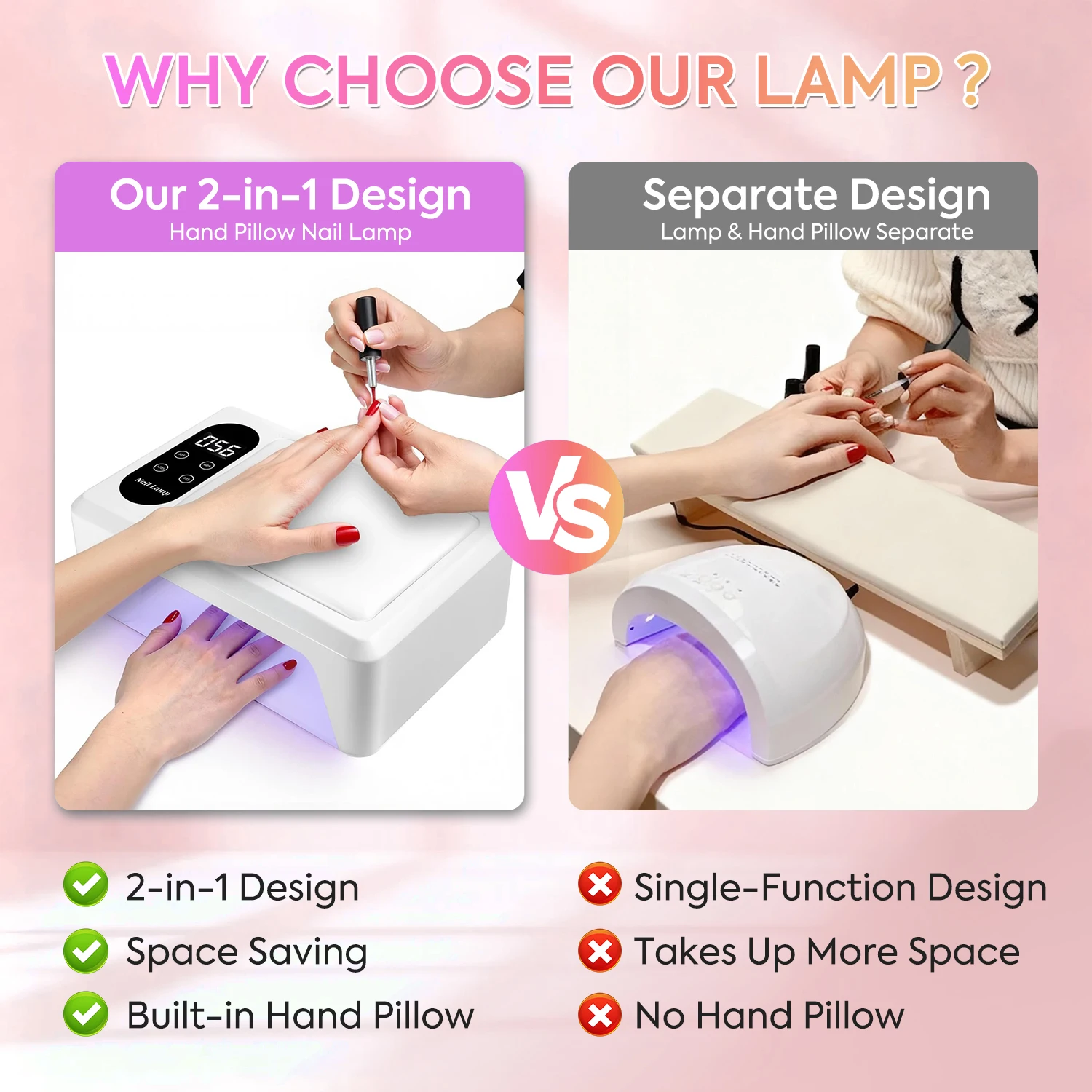 Ruime UV/LED-spijkerlamp met slimme sensor, 4 timermodi, verwijderbare voet en ingebouwde handsteun