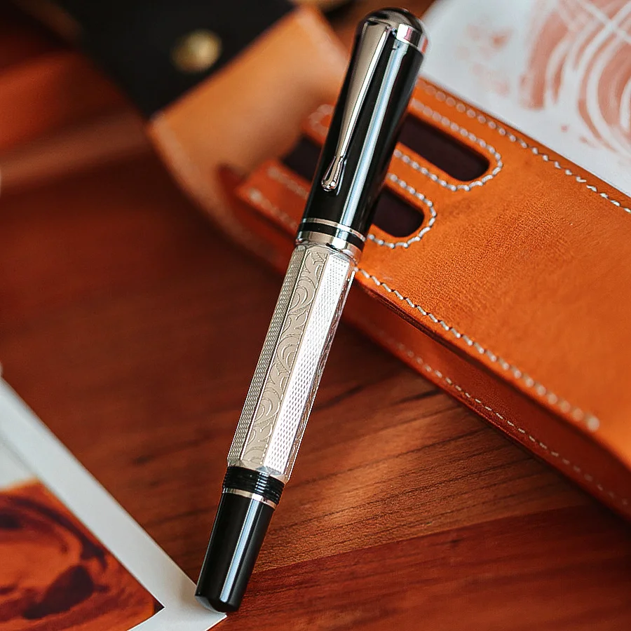 MAJOHN P138 Metal Fountain Pen Classical Piston Ink Absorbing Octahedral Etching Plated  Silver Plated Writing Ink Pen Gfit