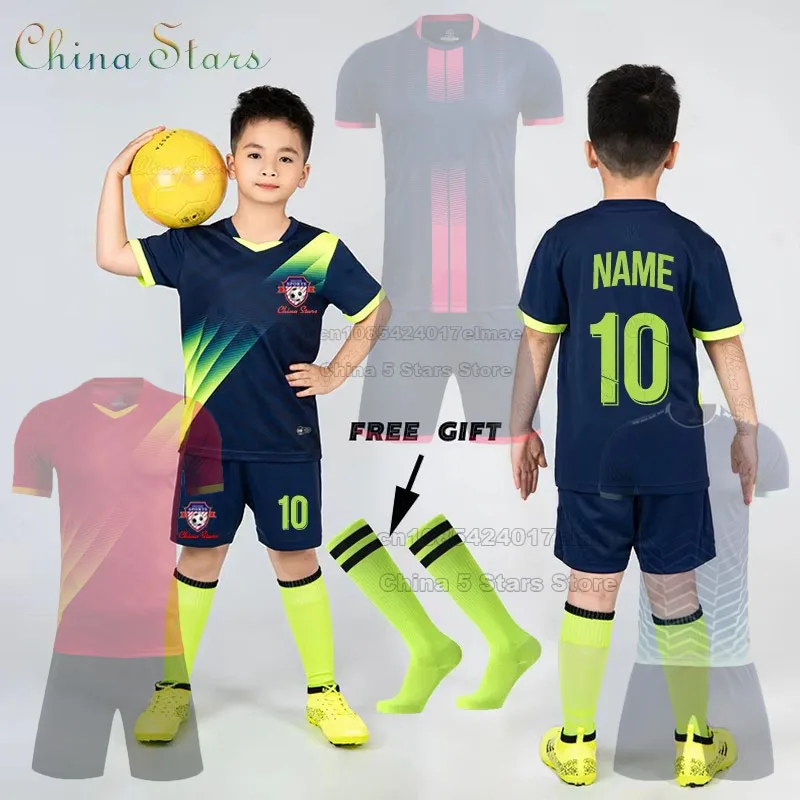 Custom Boys Football Jersey Tracksuit Child Soccer Sports Uniforms Kids Sportswear Kits Vest Children's Football Suit + Socks