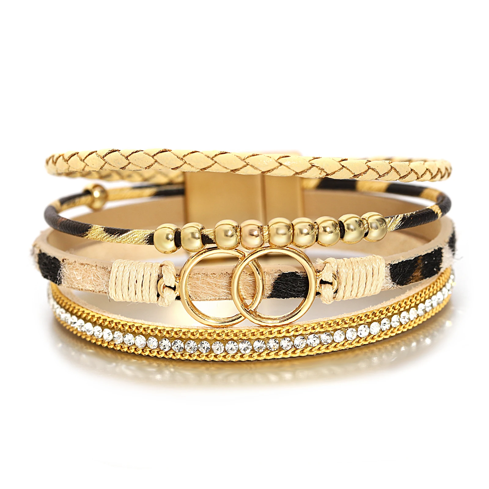 

Amorcome Bangle Bohemian Style Metal Bead Bracelet Double Circle Charm Leather Wrist Jewelry Jewelry Decoration Accessory