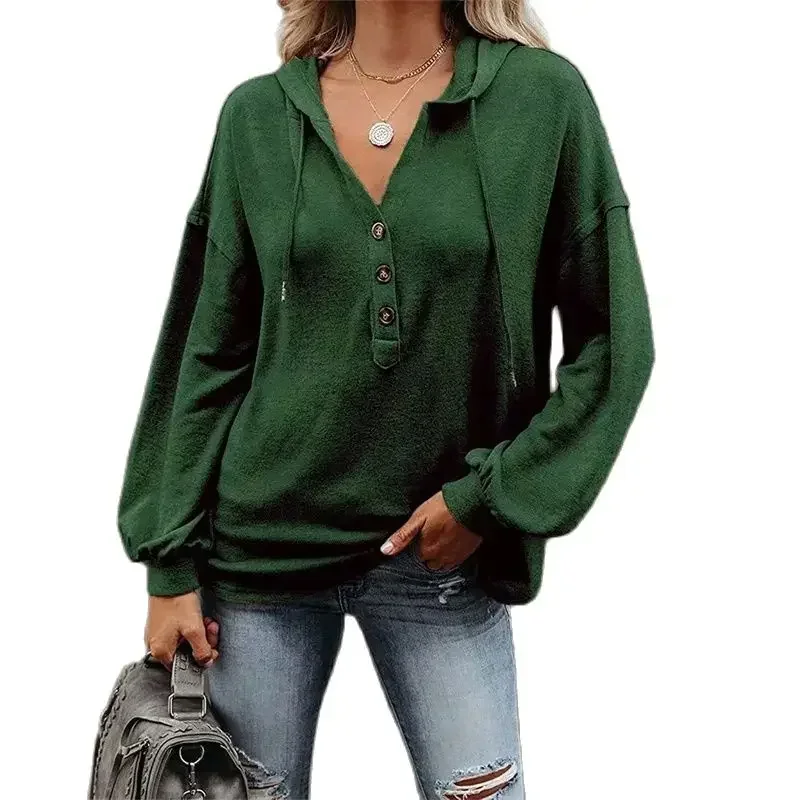 Women Button Splice Decorative Hooded Sweatshirt Autumn Winter Comfortable Commuter Casual Hoodie Female Solid Color Loose Tops