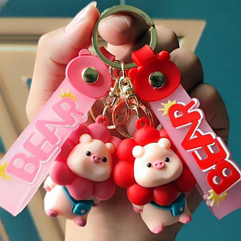 Sunflower Pig Keychain Backpack Pendant Decoration Resin Keyring Creative Gifts Smiley Face Auto Key Accessory