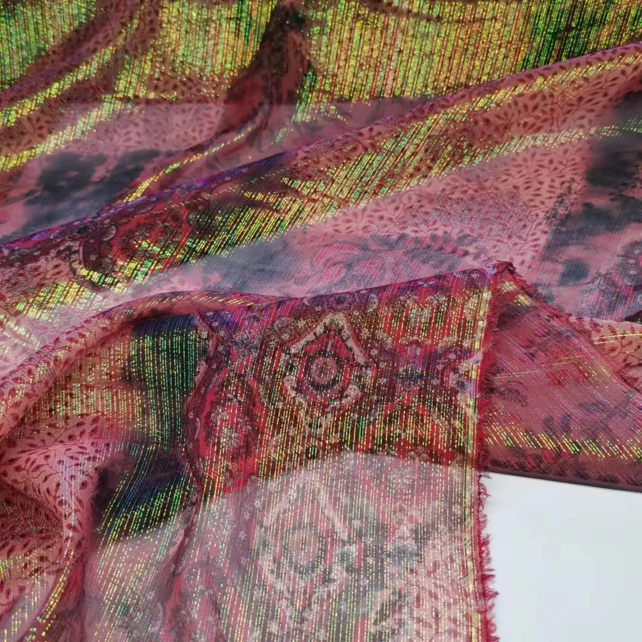 Colorful Shiny Ethnic Silk Floral Chiffon Fabric Metallic Jacquard Scarf Dress Sewing Material New
