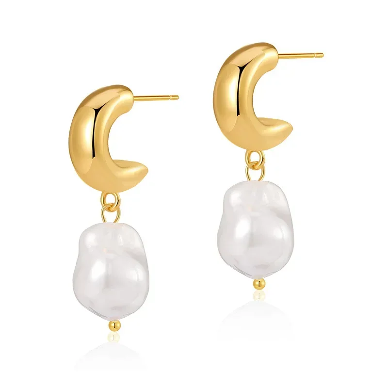 

S925 Silver Needle Moon Stud Earrings Baroque Irregular Pearl Eardrop