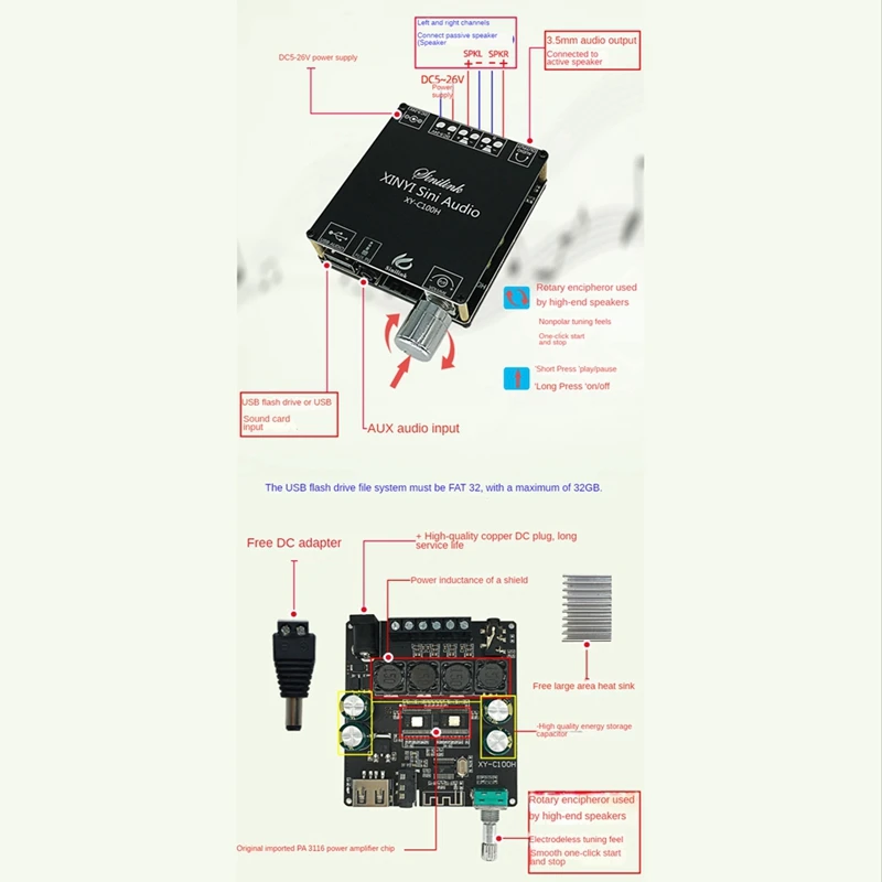 XY-C100H Bluetooth5.0 Digital Amplifier Board TPA3116D2 100W+100W 2-Channel HIFI Version 2.0 Stereo Audio Module DC5-26V