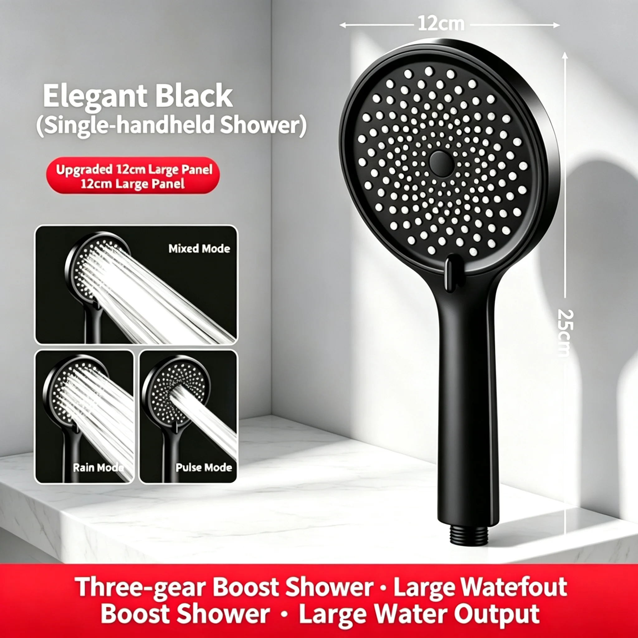 3-Mode High Pressure Handheld Shower Head Large Nozzle Soft Uniform Water Flow Adjustable Gear Plate Daily Home Use