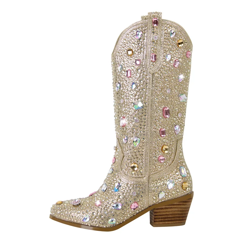 Onlymaker Women Rhinestone Boots Knee High Cowgirl Boots Medium Heel Chunky Heel Fashion Bling Western Boots