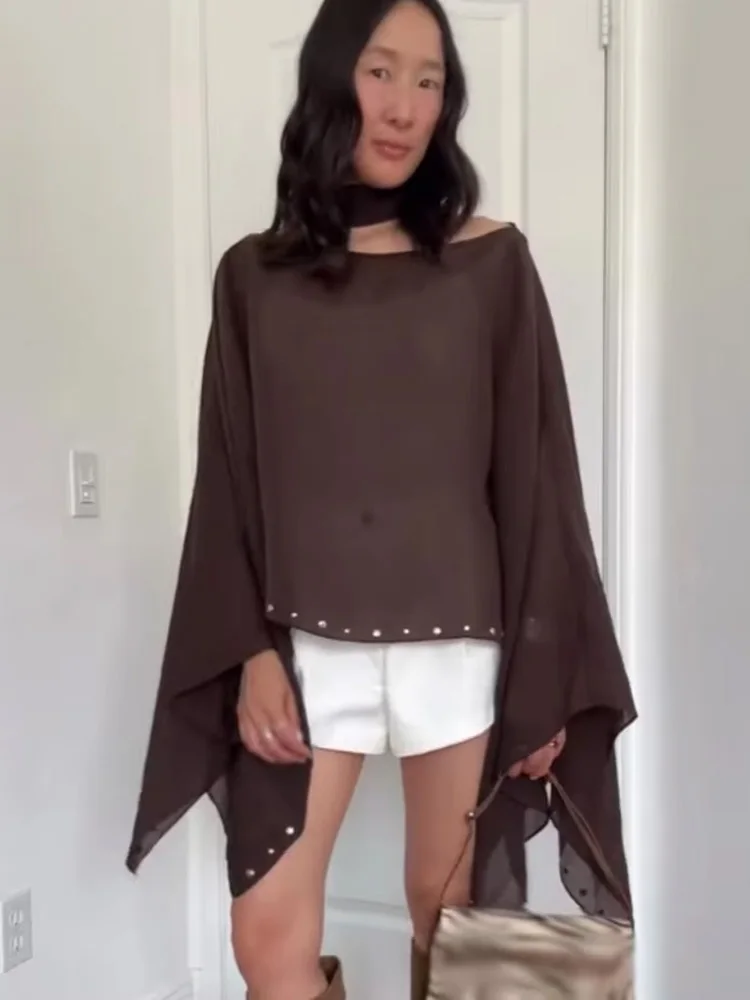 

HH женские летние шикарные свободные пуловеры, блузки, однотонный шарф, воротник, украшение с заклепками, женские новые модные топы с длинными рукавами, модные