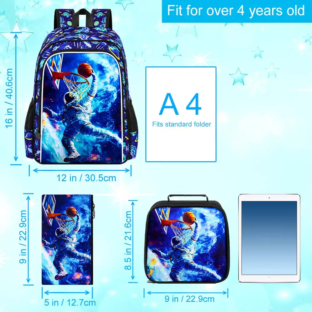 3 قطع حقائب ظهر للأولاد، حقيبة كتب للأطفال مقاس 16 بوصة مقاومة للماء للأولاد، حقيبة ظهر خفيفة الوزن مع صندوق غداء - كرة سلة رواد الفضاء #3