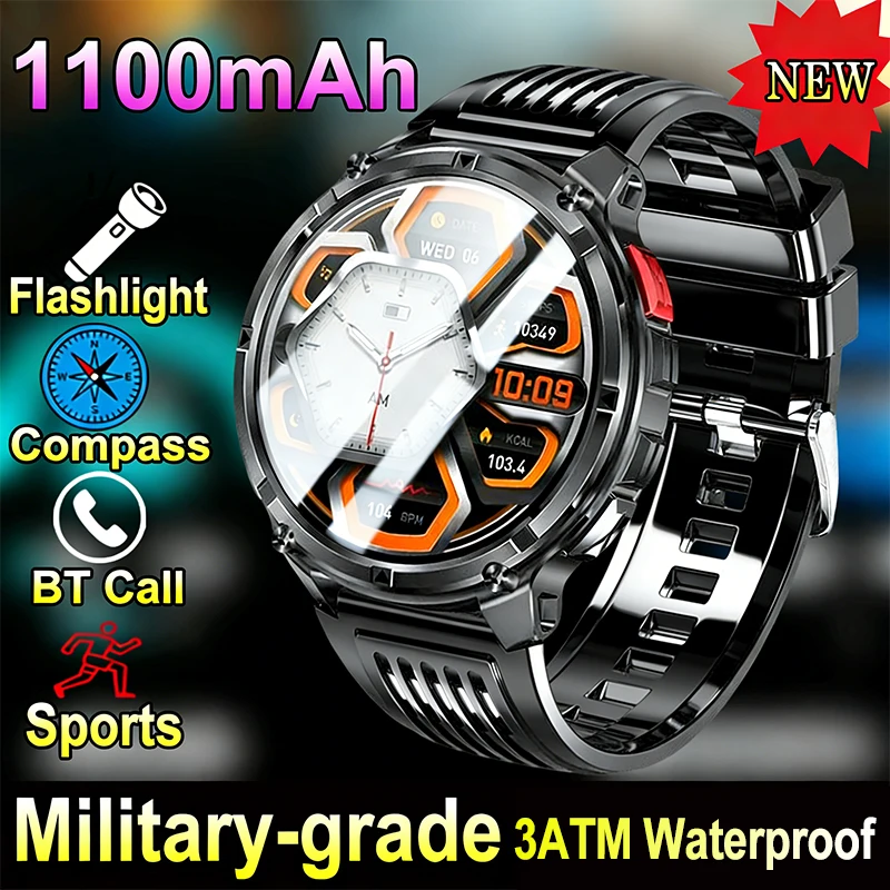 

Смарт-часы для спорта на открытом воздухе для мужчин и женщин, компас, сильный фонарик, 1100 мАч, часы с большой батареей, 1,7 дюйма, умные часы с пульсометром и BT-вызовом