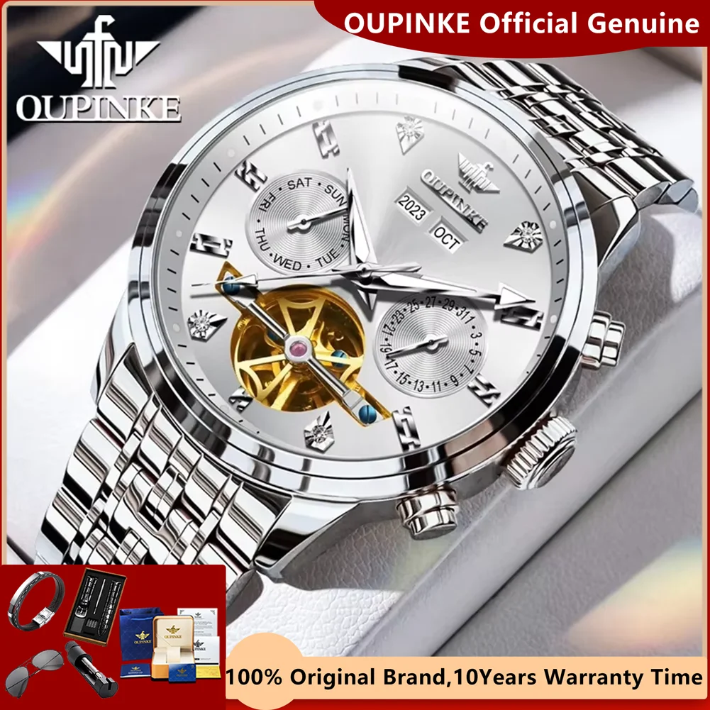 OUPINKE Brand Automatic Mechanical Watch for Men Stainless Steel Waterproof Flywheel Skeleton 42mm Large Dial Men's Wristwatches