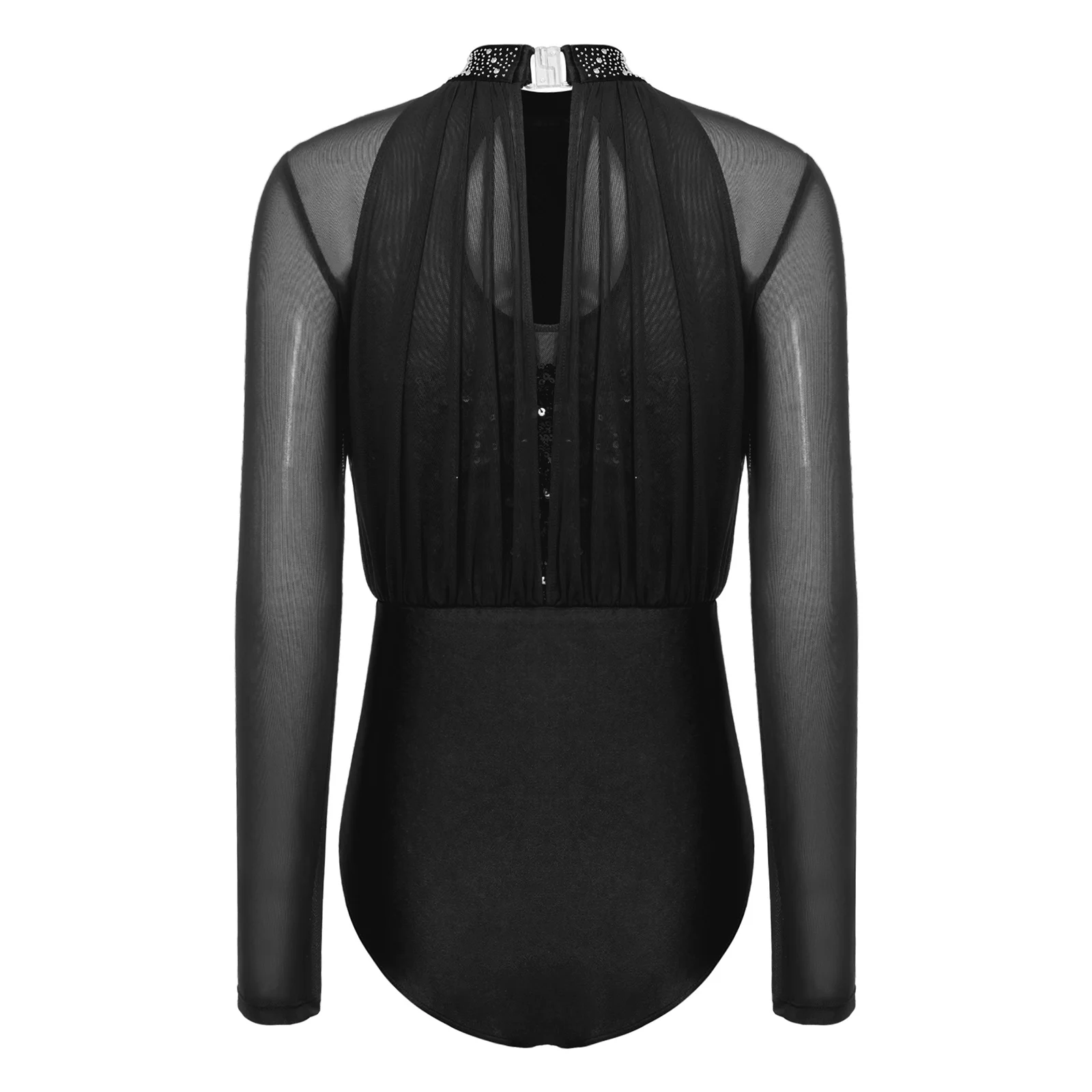 Sequined Bodice Gymnastics Leotard for Women Long Sleeve Back Keyhole Mesh Overlay Rhinestone Ballet Bodysuit Lyrical Dancewear