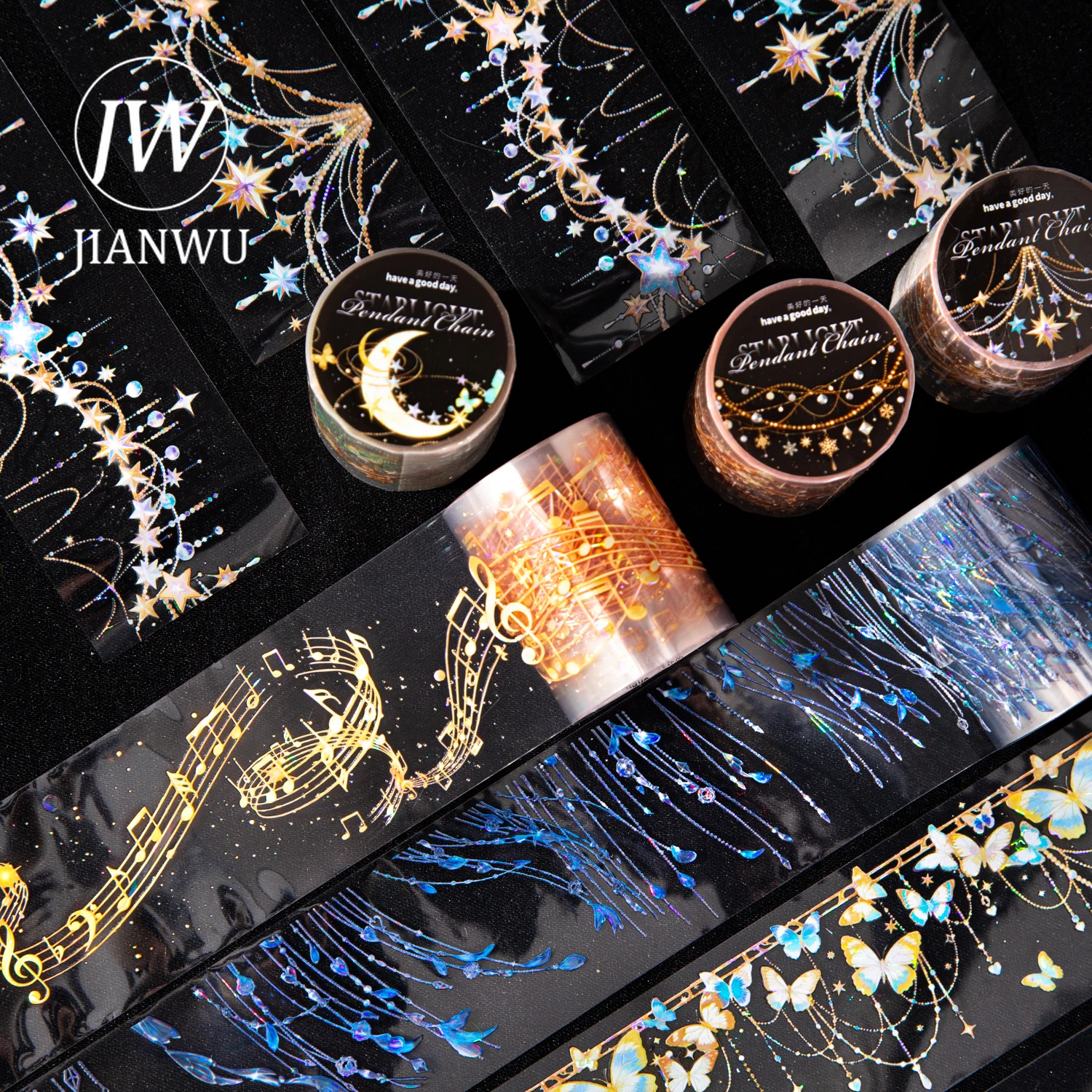 JIANWU Starlight Pendant Chain Series Vintage Butterfly Light Landscape Material Collage PET Tape Creative Journal Stationery