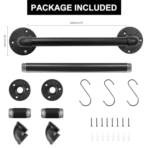 

Black Industrial-Style Iron Towel Bar Set With Flange Brackets, Elbows, Hooks And Screws For Rustic Bathroom Wall Mount 12 Inch