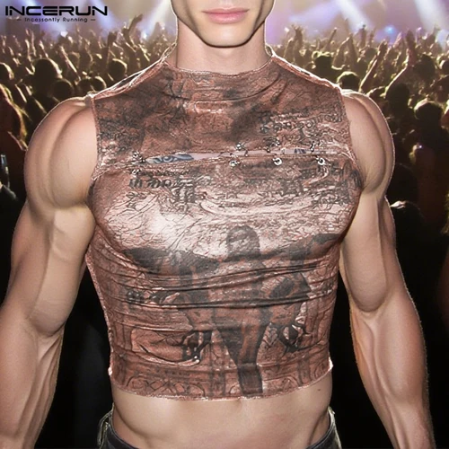 Imagen 1 del producto INCERUN, camisetas sin mangas para hombre con estampado calado, chalecos sin mangas con cuello redondo para hombre, ropa de calle, Tops cortos sexis de moda para verano 2025, S-3XL para hombre