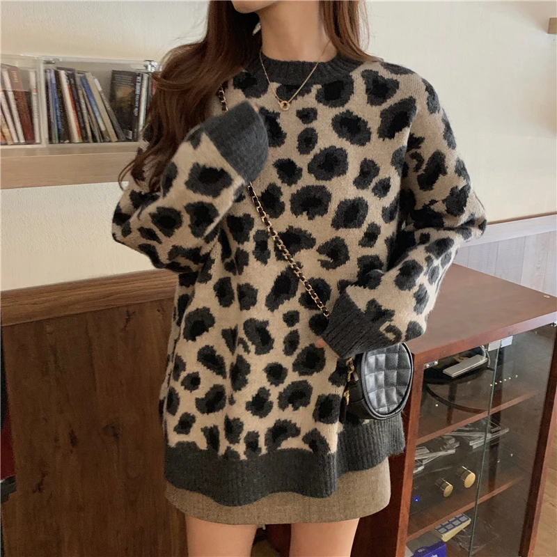 Lazy Vintage Loose Bottom Pullovers O Neck Long Sleeve Leopard Sweater Women Knitwear Print Tops Casual Autumn Dropship Pull