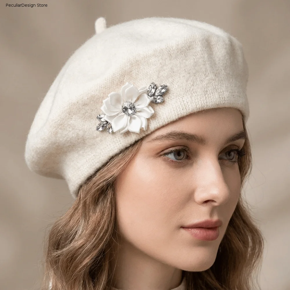 Beret French Wool - Vintage Solid Color Wool Beret Crystal