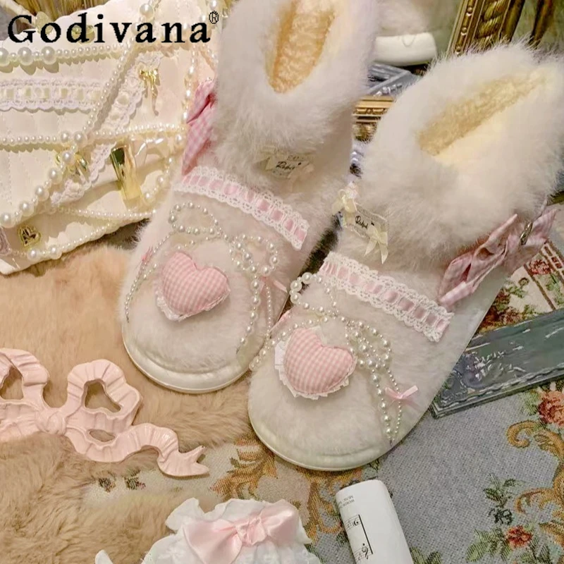 الأصلي الوردي منقوشة القوس الخريف الشتاء الثلوج الأحذية الإناث الدافئة الشارع ارتداء أحذية بوت قصيرة المرأة الحلو نمط اليابانية الثلوج الأحذية #5