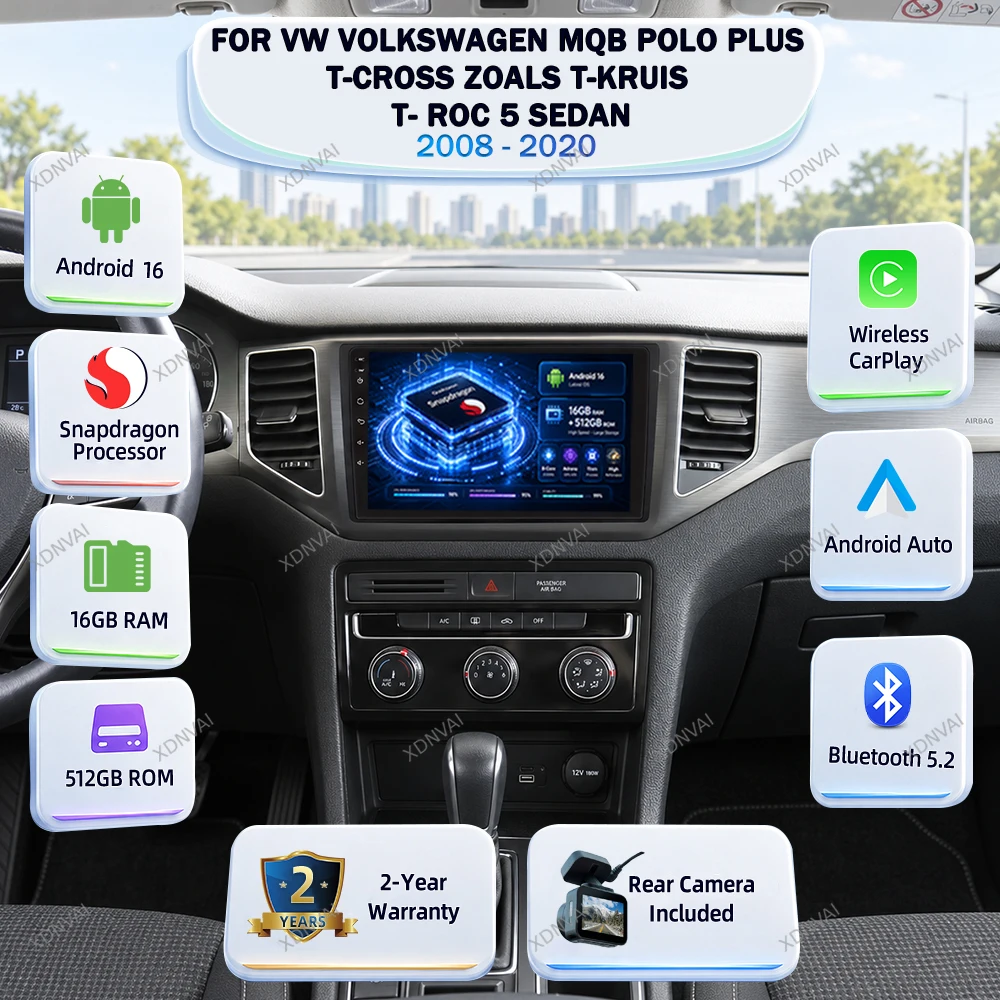 Android 16 Multimedia For VW Volkswagen MQB Polo Plus T-Cross Zoals T-Kruis T- Roc 5 Sedan 2008 - 2020 Video Player Car Radio BT