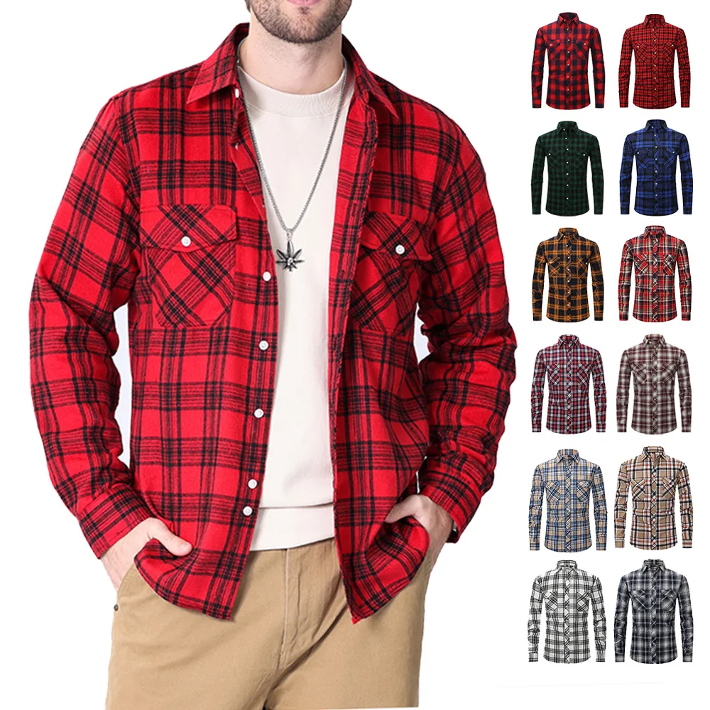 New American size men\'s shirt long sleeve spring and autumn pocket flannel plaid high quality wear free breathable plus size