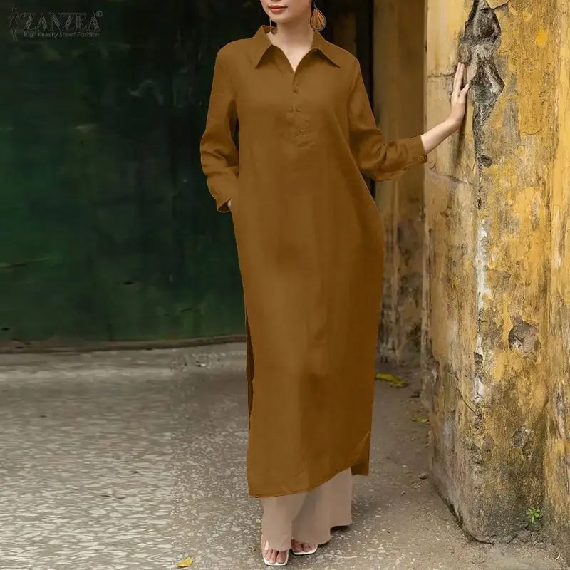 ZANZEA Women Fashion Elegant Long Shirt Dress Maxi Sundress 2025 Autumn Long Sleeve Button Solid Party Vestidos Holiday Robe