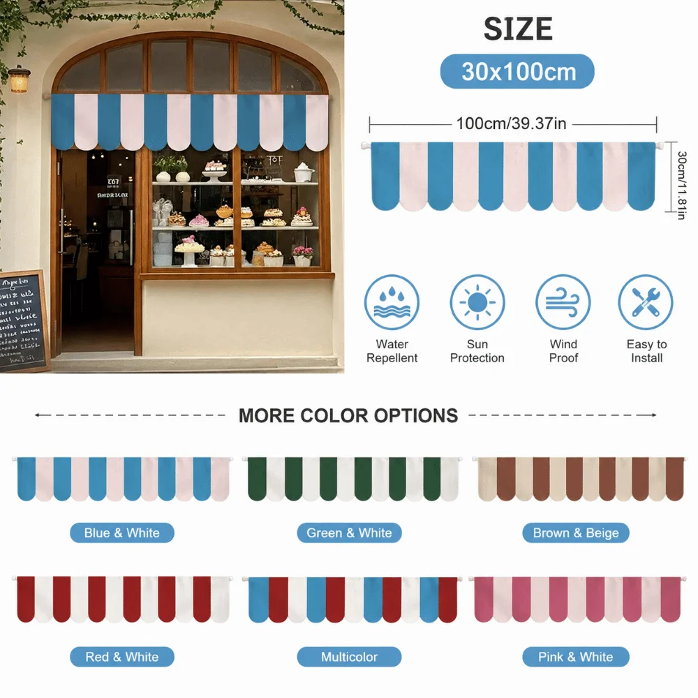 No Drill Striped Half Curtain Magic Sticker Sun Shade Decorative Awning Valance Easy Install Removable Triangle Flag