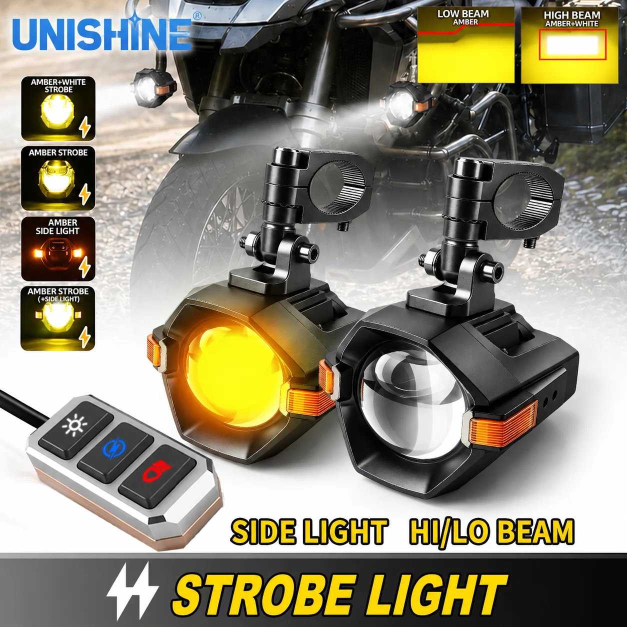 UNISHINE 3-Zoll Weiß-Bernsteinfarbenes Zweifarbiges Motorrad-LED-Zusatz-Projektionslicht Stroboskop-Nebelscheinwerfer-Set für BMW R1250GS KTM 390 790 Offroad-Nutzung