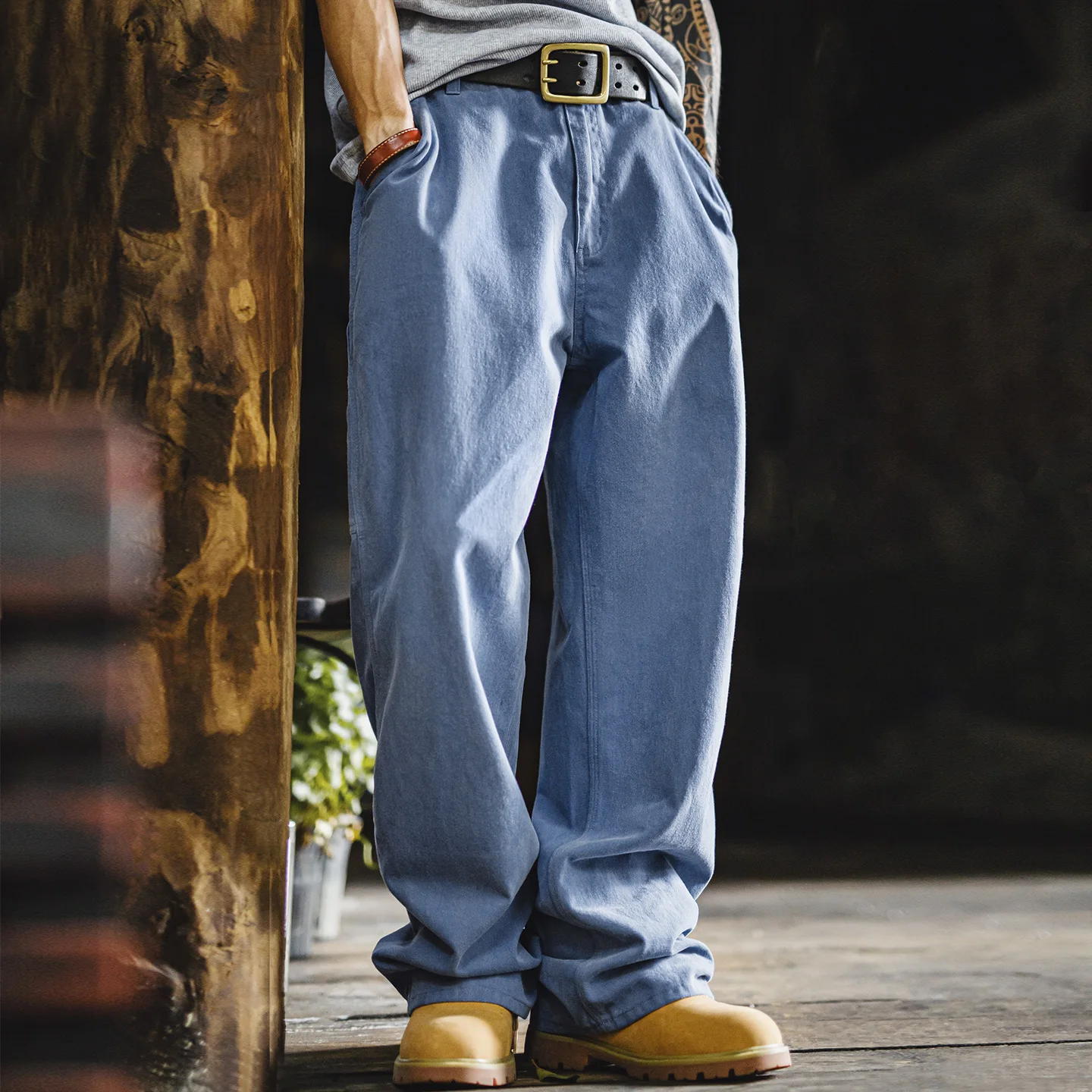 Maden Men's Washed Distressed Denim Single Knee Logger Pants 100% Cotton City Boy Straight Leg Casual Logging Jeans Men Autumn