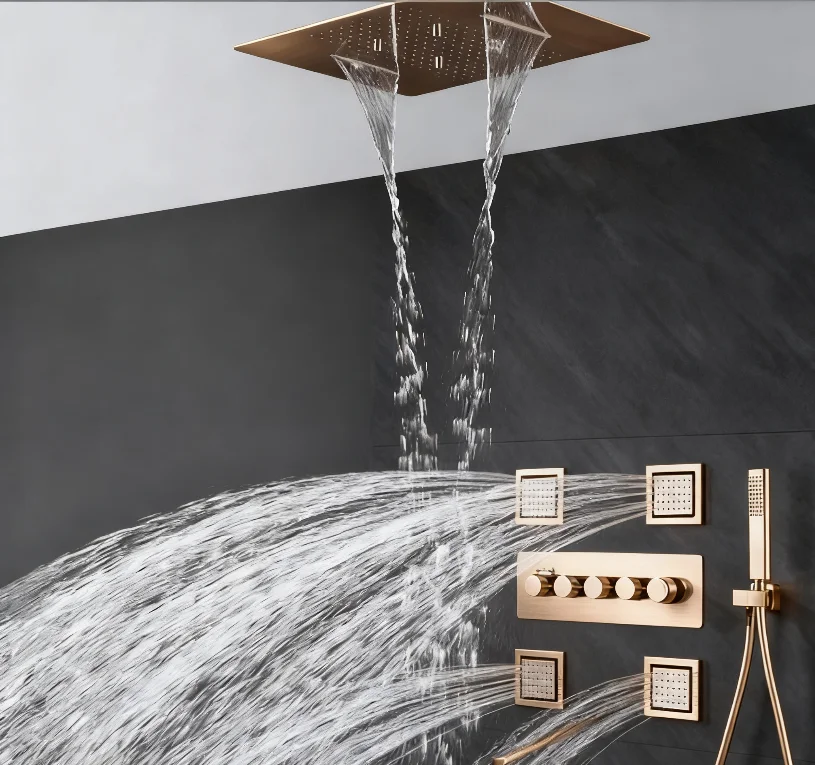 Luxury Brush Gold 19x23 Inch Rain Waterfall Rainfall Mist Shower Faucet Set Complete Full Body Thermostatic Shower System Sets
