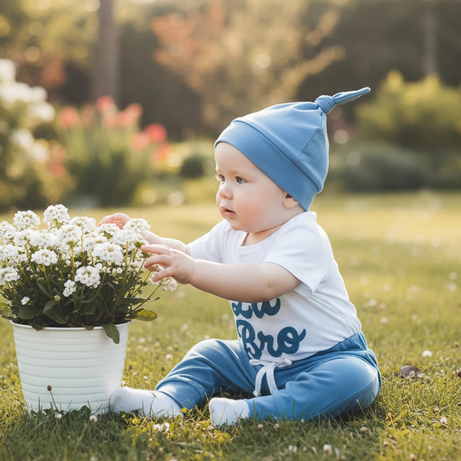 

Baby Boy Summer Spring Outfit Letter Embroidered Short Sleeve Romper Solid Pants and Knotted Hat 3 Piece Set