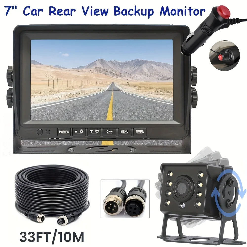 7-Inch U-Shaped Rear View Monitor Kit with 8LED Backup Camera, 12-24V Hardwired, Wide Angle, for Buses, Trucks, RVs & Pickups