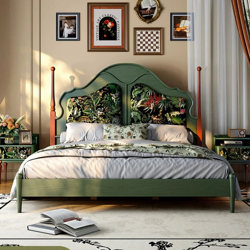 French antique solid wood bed green premium French retro soft bag backrest 1.8 meters double bed