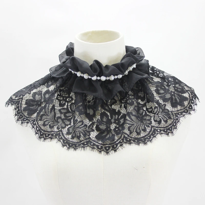 Black Ladies'Stand Collar Lace Neck Ruffle Fake Collar Cape With Pearl Sexy Versatile Decorative Collar Shawl Costume Accessory