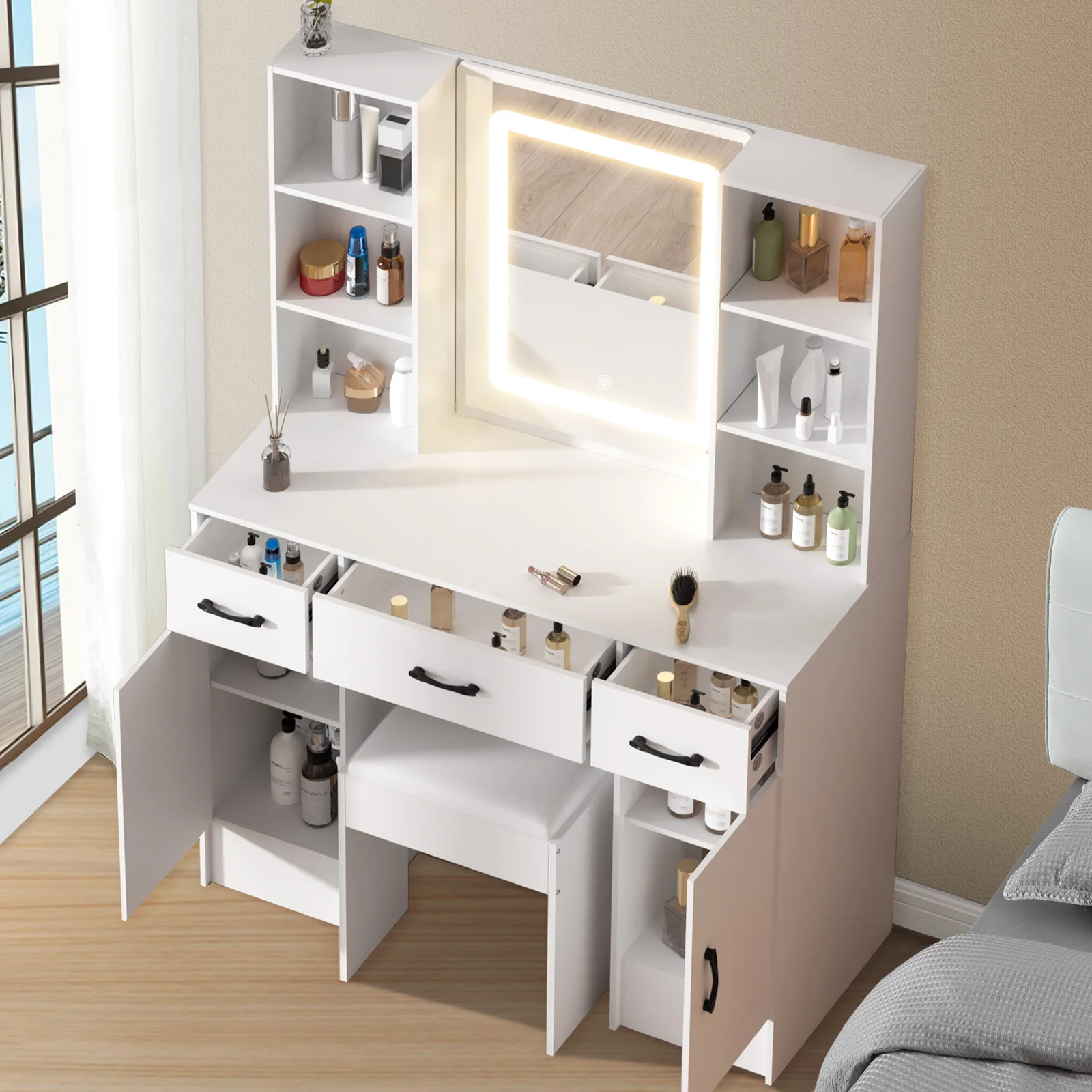 Modern White Makeup Vanity Dressing Table Set, Touch LED Light Mirror, Side Cabinets & Open Storage Shelves, Multiple Drawers with Padded Stool for Bedroom
