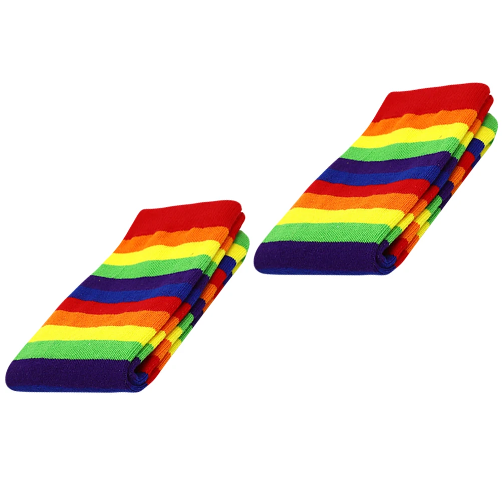 

2 Pairs s Rainbow Stripe Socks Combed Cotton Warm Socks Stockings Fashionable Elastic Leisure Comfort Holiday Style